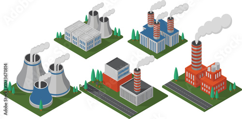 Isometric industrial power plants and factory buildings with smokestacks cooling towers roads vector illustration isolated collection set