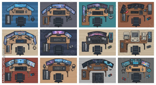 Overhead view of various computer workstations with multiple monitors and equipment.