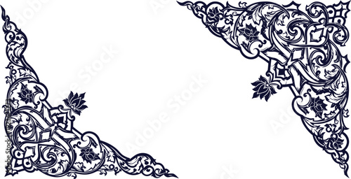 An intricate black and white illustration of ornate floral designs on a plain background