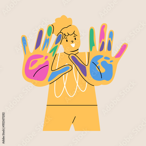 Girl showing her palms colored with paint. Colorful vector illustration