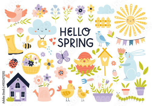 Children's hand-drawn spring collection featuring birds, flowers, insects, and gardening elements. Cute flat vector illustration in soft pastel colors for nursery decor isolated on white.