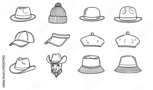 Thin Line Doodle Hat Collection Vector Icons Fedora Beanie Bowler Baseball Cap Beret Editable Stroke