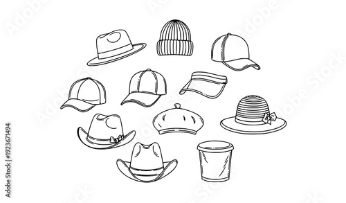 Minimal Fashion Hat Line Icons Set Fedora Beanie Bowler Baseball Cap Beret Vector Editable Stroke