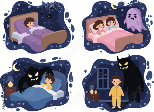 Child scared of monsters at night bad dreams vector illustration isolated background