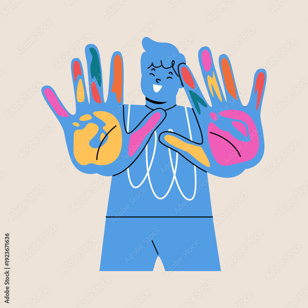 Fototapeta premium Boy showing his palms colored with paint. Colorful vector illustration