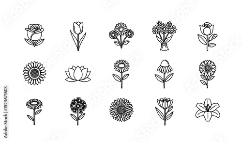 Minimal Floral Line Icons Set with Rose Tulip Sunflower Lotus and Daisy Bouquet Editable Stroke Vector