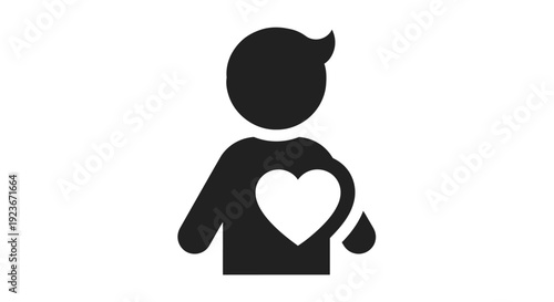 A person holding a heart symbol, illustrated in simple black and white, referencing love and care, byo (103) style