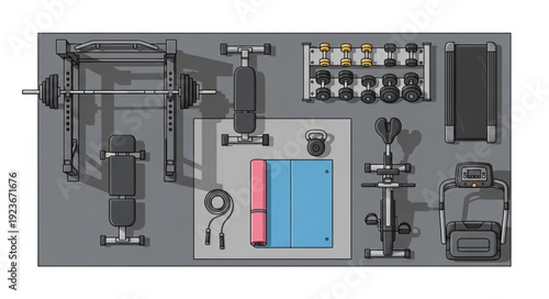 Gym equipment layout with weights, bench press, treadmill, and exercise machines.