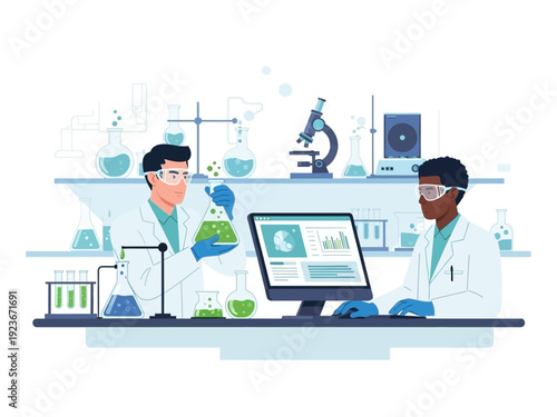 Two scientists working in a modern laboratory setting.