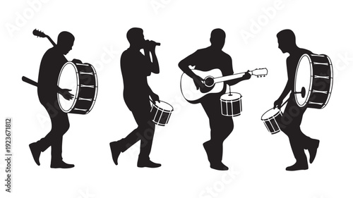 Vector Illustration Of Silhouette Musicians Playing Instruments In Band For Music Concept