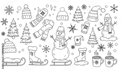 Hand drawn winter snow doodle line art vector set with seasonal outline elements isolated on white