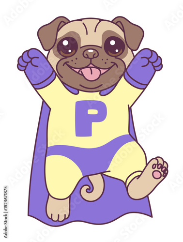 Cute cartoon pug puppy in a superhero costume with a purple cape and mask.