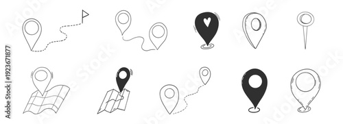 Doodle Location map distance measuring and pin set. Pin line hand drawn for planner or map. Gps Navigation Markers pinpoints, tags, flag icons. 