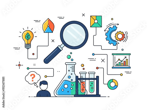 Scientific research and development process with laboratory equipment and icons.