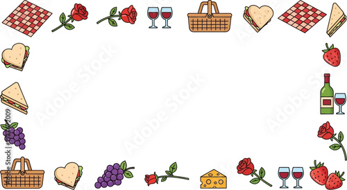 A romantic picnic setup with wine, cheese, and sandwiches on a red and white checkered cloth