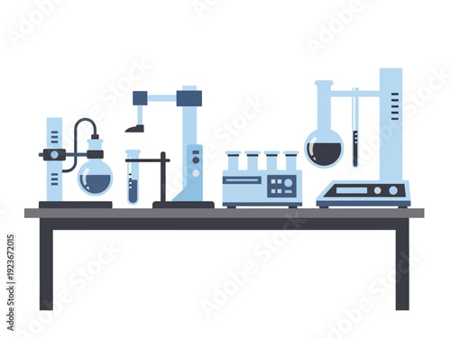 Laboratory equipment on a table for scientific research and experiments.
