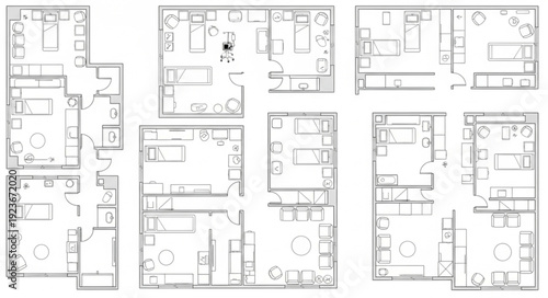 Detailed architectural floor plans showcasing various residential apartment layouts and designs.