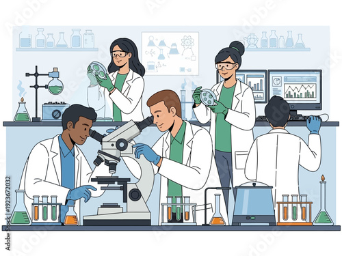 Diverse group of scientists working together in a modern laboratory setting.