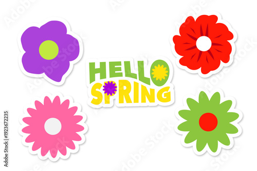 Set of flowers stickers of different colors and different shapes hello spring design without background