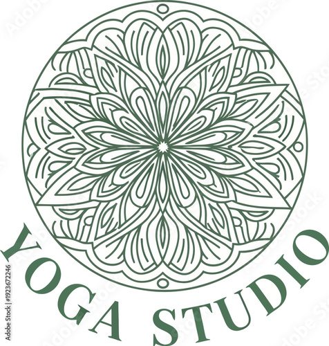 A serene yoga studio logo with a green floral design on a white background