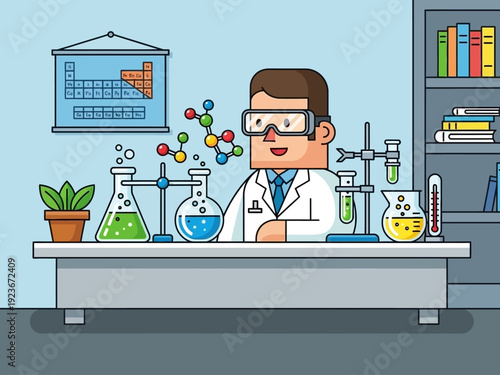 Scientist working in a laboratory with chemical equipment.
