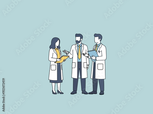 Three doctors in lab coats discussing medical information.