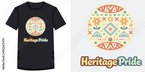 Colorful heritage pride tshirt design featuring intricate geometric and floral patterns in a circular emblem for cultural celebration events