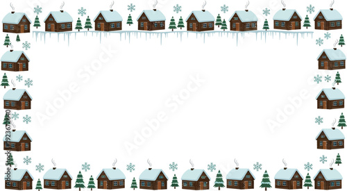 A festive winter border with snow-covered houses and trees on a white background
