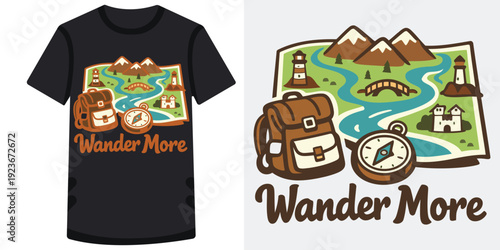 Creative travel and adventure themed tshirt design featuring a colorful map compass and backpack illustration perfect for wanderlust lovers and explorers