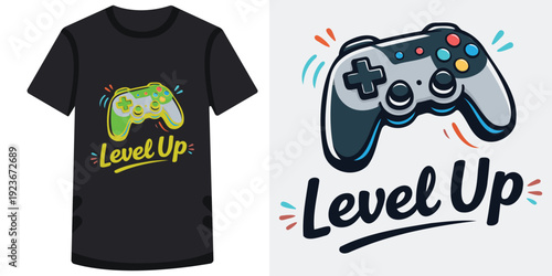 Creative video game level up concept with stylized game controller designs on tshirt and isolated illustration