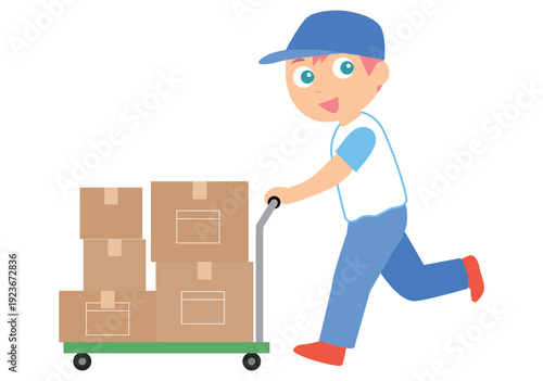 台車で段ボールを運ぶ引っ越し業者のイラスト