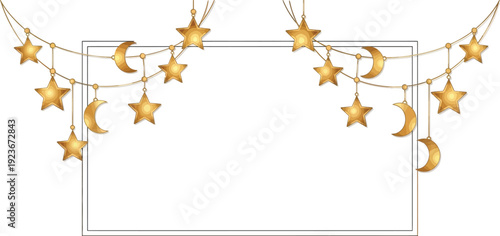 A beautiful illustration of golden stars and moons hanging from a string