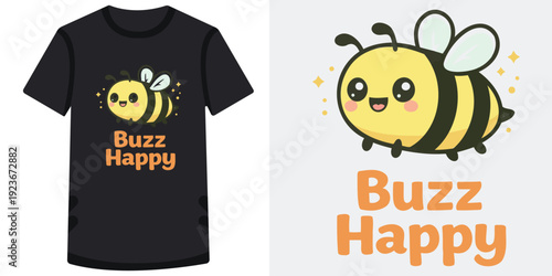 Cute and cheerful cartoon bee character design for tshirt with happy expression and buzzing effect perfect for positive vibes and children clothing
