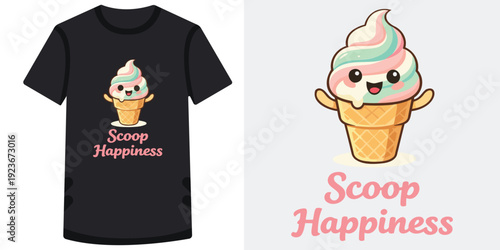 Cute and cheerful cartoon ice cream cone character with happy face and swirl design on casual tshirt for spreading positivity and joyful vibes