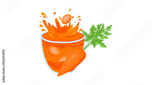 Flat Vector Illustration of Fresh Carrot Juice Splashing in a Glass with a Whole Carrot Isolated on White Background