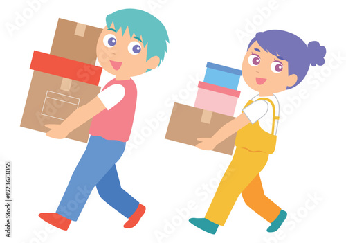段ボールを運ぶ男女カップルのイラスト