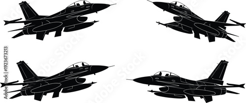 Fighter jet silhouette collection, modern military aircraft set, combat aviation icons isolated on white background vector illustration