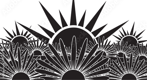 Black and white illustration of multiple stylized suns rising
