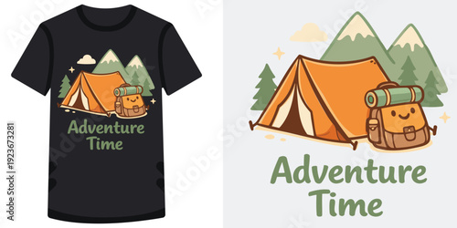 Cute and colorful camping adventure design with smiling tent and backpack illustration perfect for outdoor lovers and travel enthusiasts on tshirt mockup