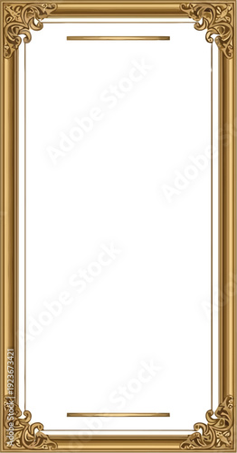 A gold picture frame with ornate details on a white background