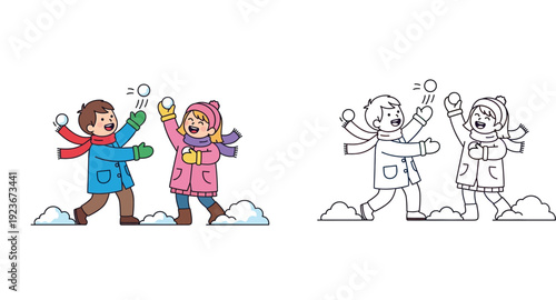 Cute boy and girl playing snowball fight in winter, colored and black and white line art coloring page vector illustration.