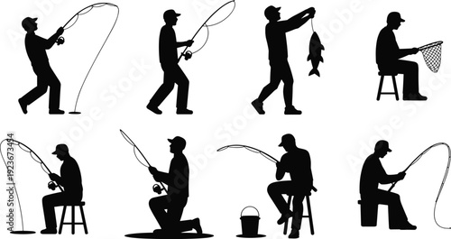 Fishing silhouettes set, angler with rod catching fish, hobby activity, outdoor sport illustration isolated on white background