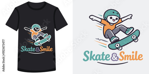 Cute and colorful cartoon character happily skateboarding with cheerful expression and dynamic motion lines design for tshirt and graphic resources