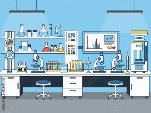 Modern Science Laboratory with Microscopes and Equipment.