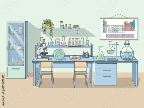 Laboratory Science Equipment and Periodic Table Poster.