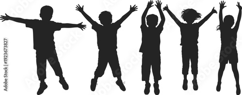 Happy children jumping silhouettes, joyful kids with raised hands, playful childhood activity illustration isolated on white background