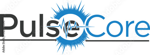 A logo for PulseCore with a blue and black design on a white background