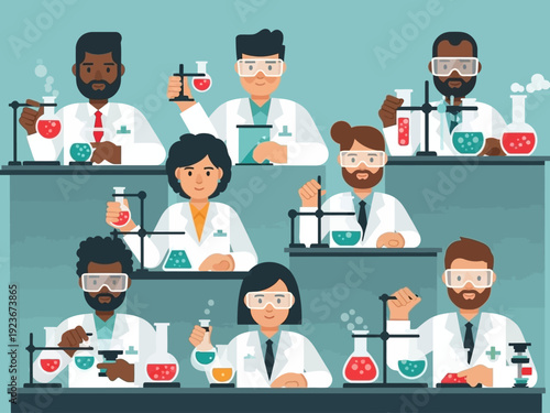 Diverse group of scientists working in a laboratory setting conducting experiments.