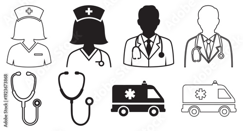 Medical professionals and equipment isolated on transparent background