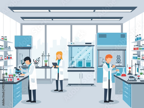 Scientists working in a modern laboratory conducting research and experiments.